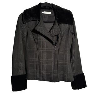 Rayure Paris Fur Trim Jacket Coat Black Plaid Made in France‎ Zip Womens XS SEE